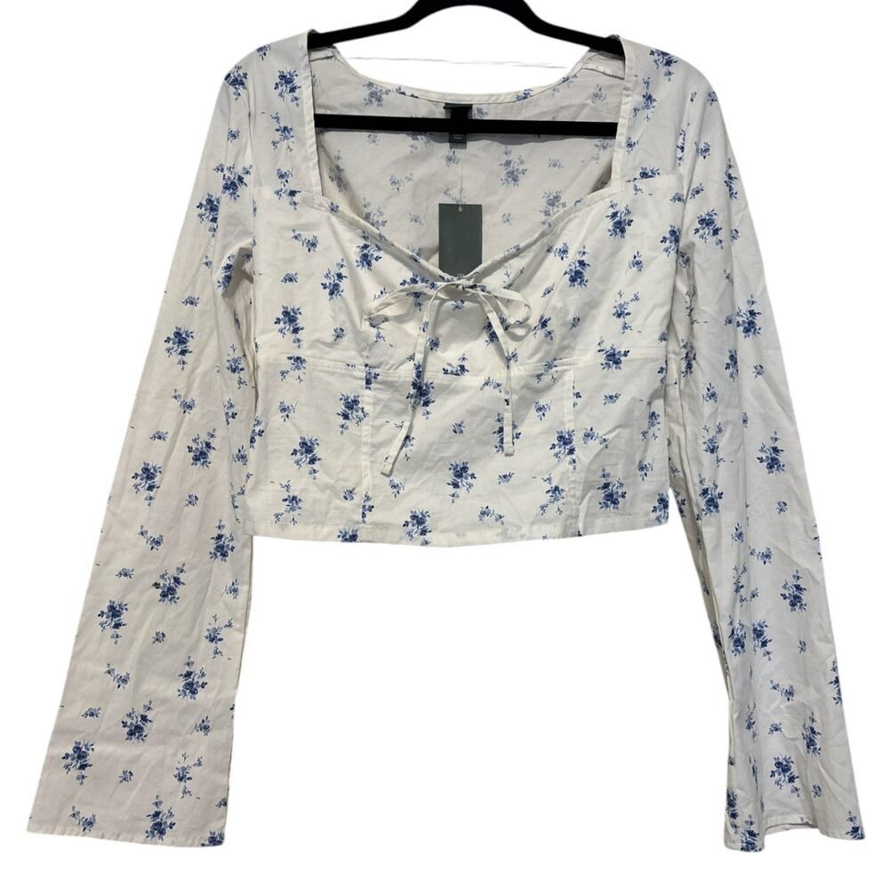 Wild Fable Blue Floral Tie Front Crop Top Medium Long Sleeve Cottagecore Blouse